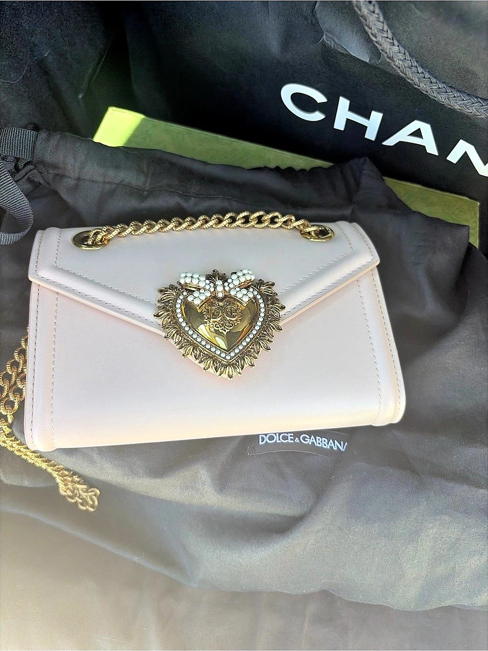 Dolce & Gabbana Small Devotion Top-Handle Bag in Smooth Calfskin Pink & Gold